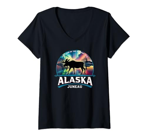 Mujer Juneau Alaska Aurora Borealis Alce Tierra del Sol de Medianoche Camiseta Cuello V