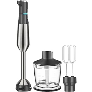 800W Immersion Blender Hand Blender Scratch-Resistant Hand Mixer with 15 Speeds, Turbo Mode, Copper Motor, Stainless Steel Smart Stick, Includes Egg Beaters and Chopper/Food Processor