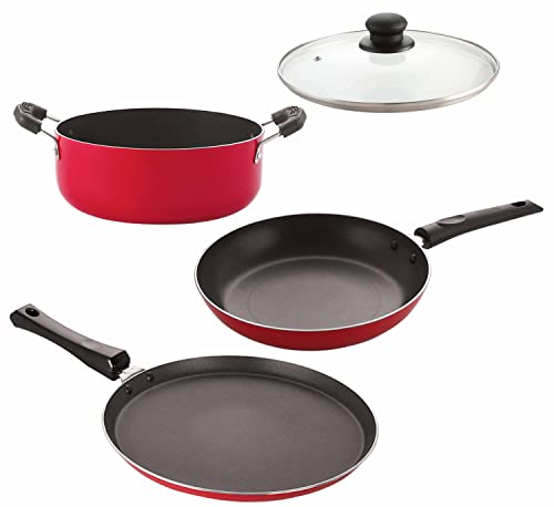 Image of Nirlon Non-Stick Aluminium Cookware Set, Dishwasher Safe -4 Pieces (Flat Tawa|Tapper Pan|Casserole|1 Glass Lid)-32mm FT11 TP20 CS12 1GLID