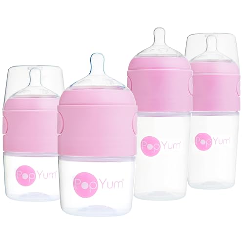 Image of PopYum Pink Formula Making Baby Bottle Starter Set, 4-Pack, 2X 5oz Bottles with #1 Slow Flow Nipples + 2X 9oz Bottles with #2 Medium Flow Nipples, Mixing, Dispenser