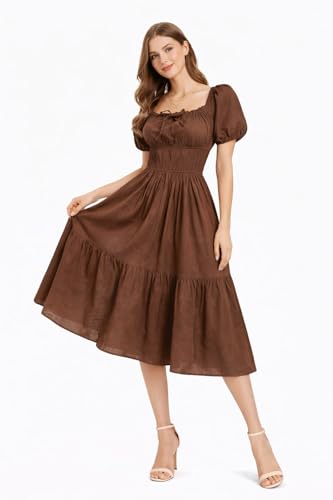 Image of BOOSTY Women's Puff Sleeve Smocked Midi Dress, Square Neck A-Line Dress