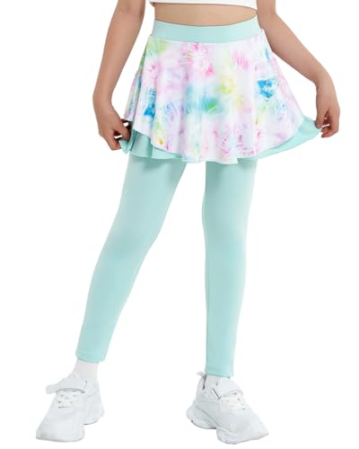 JiAmy 2 in 1 Girls Leggings with Skirt High Waisted Tennis Athletic Flowy Skort Legging for Kids