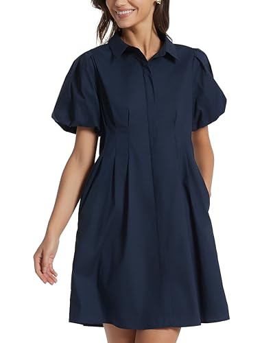 Image of D-Sun Women's Short Puff Sleeve Shirt Dress Button Down Pleated Mini Dress Casual Short Dresses