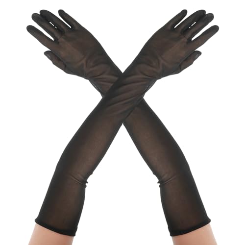 DIVINA VITAE Transparente Lange Netzhandschuhe Schwarz - 55cm Extra Lange Tüllhandschuhe für Damen, Geeignet für Oper, Kostüm, Party & Abschlussball