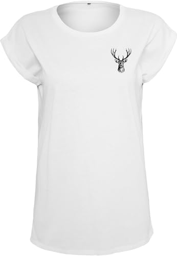 Baddery Damen Jagd T-Shirt - „Hirschkopf“ - Shirt für Jägerin & Outdoor Fans - Baumwollshirt Freizeitshirt (Loose Fit Weiß L)
