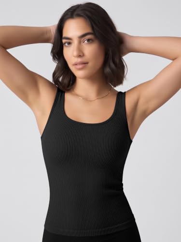 Image of ODODOS 3-Pack Seamless Square Neck Crop Tank for Women Ribbed Knit Soft Low Back Cropped Tops