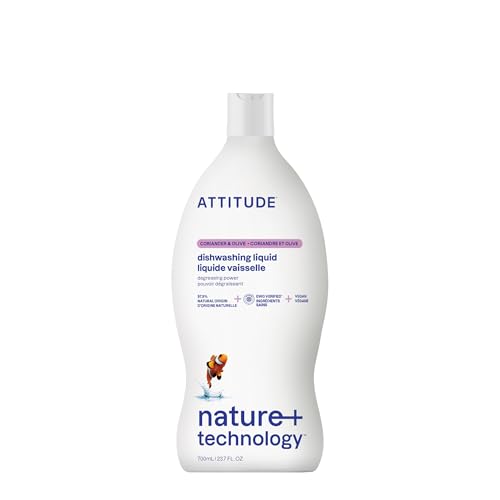 Image of ATTITUDE Dish Soap, EWG Verified, Plant-Based & Vegan Dishwashing Liquid, Naturally Derived, Olive and Coriander Scent, 23.7 Fl Oz