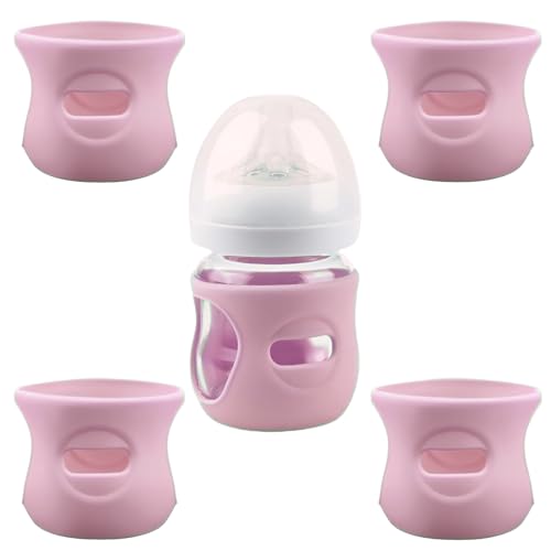 QinSuiKai 4 Pack Silicone Sleeves for Avent Natural Glass Baby Bottles, Anti Breakage Baby Bottle Holder, Compatible with Philips Avent Glass Natural Baby Bottle, BPA Free (Pink, 4 OZ)