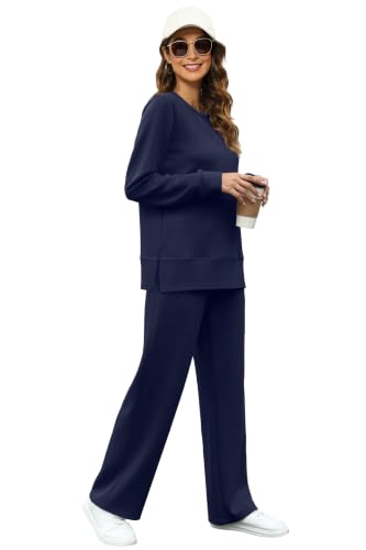 Image of OFEEFAN Women's 2 Piece Lounge Set Travel Airport Outfits Side Slit Tracksuit Wide Leg Loungewear Baggy Comfy Sweatsuit S-3XL