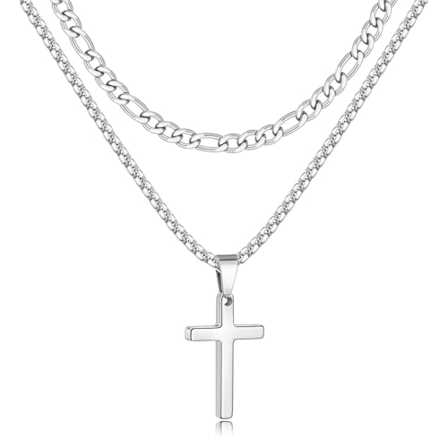 Fiusem 2 Pcs Cross Necklace Chain for Men and Women, Stainless Steel Layered Mens Cross Necklaces with Pendant, Figaro and Box Chain 16-24 Inch