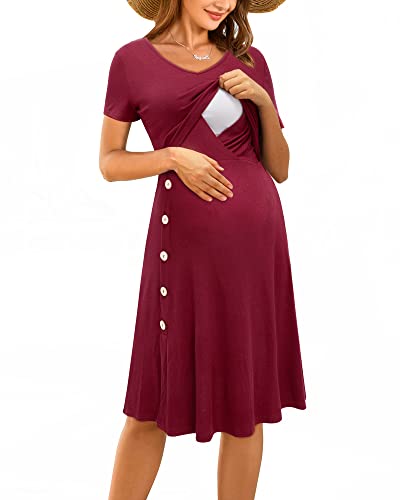 Ouges Womens Short Sleeve Maternity Dress Knee Length Breastfeeding Nursing Dress(Wine Red966,M) #TOP13