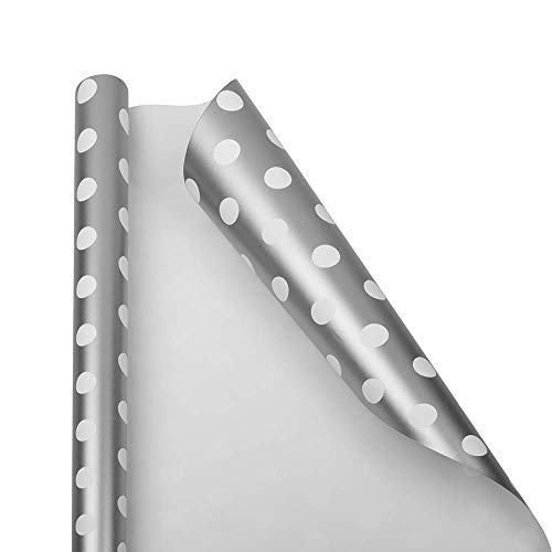 JAM Paper Gift Wrap - Polka Dot Wrapping Paper - 25 Sq Ft (30 in x 10 Ft) - Silver with White Polka Dots - Roll Sold Individually