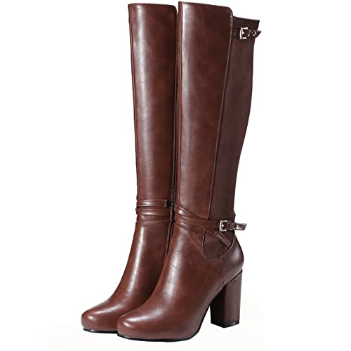 UniqueStride Womens Knee High Riding Boots Buckle Chunky High Heels Zip Up Knee High Boots