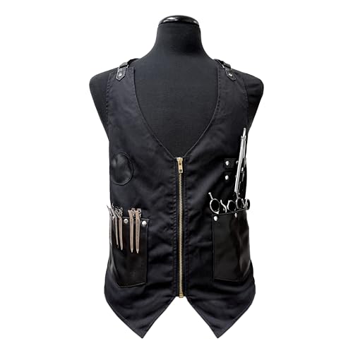 Regale Barber Supply Traditional Light Weight V-Neck Design Barber Vest - Black Denim with Adjustable Leather Straps & Tool Pockets | Professional Stylist & Grooming Workwear