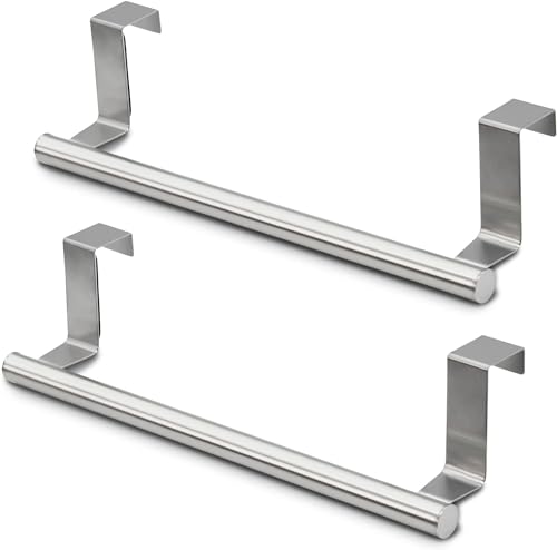 SKY-TOUCH 2pcs Kitchen Cabinet Towel Bar Holder Fits on Cupboards Over Cabinet Door Towel and Wash Cloth Hanging Storage Accessories Strong Modern Design Stainless Steel