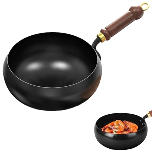 Generico Padella in ferro giapponese, padella in ferro forgiato, 24/26/28/ cm, non rivestita, in forgiato a mano, con coperchio in legno, grande vaso, distribuzione uniforme del calore
