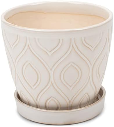 Napco Curved Rhombus Ivory 4.5 x 5.5 Ceramic Table Top Planter Pot with Saucer,Glazed Ivory