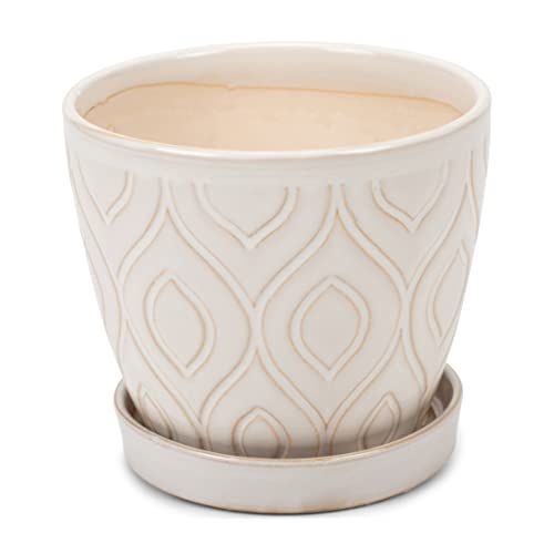 Napco Curved Rhombus Ivory 4.5 X 5.5 Ceramic Table Top Planter Pot With Saucer,Glazed Ivory #TOP3