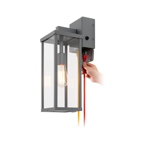Image of mirrea 18 inch Classic Outdoor Wall Sconce with Built-in GFCI Outlet 1 Light in Matte Gray Rectangular Metal Frame and Clear Glass Shade Waterproof Porch Light Patio Light