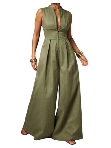SOLY HUX Women's Zipper Front Wide Leg Jumpsuit Summer Mock