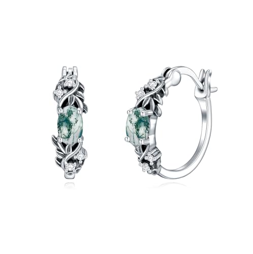Vintage Daisy/Rose/Butterfly with Natural Moss Agate Hoop Earrings 925 Sterling Silver Retro Moss Agate Hoop Earrings for Women Gifts