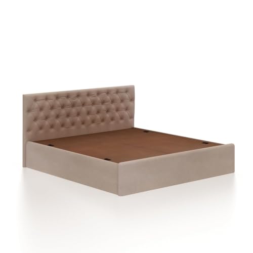 Image of Ganpati Arts Solid Sheesham Wood King Size Bed with Box Storage & Upholstered Tufted Headboard | Wooden Double Bed Cot Palang for Bedroom, Home & Hotel Furniture (Beige, 1 Year Warranty)