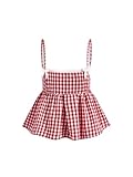 Verdusa Women's Square Neck Spaghetti Strap Plaid Print Ruffle Hem Peplum Cami Top Red Large