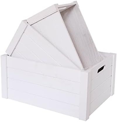 SENRYEE Farmhouse Modern White Wooden Crates For Storage,Rustic Decorative Boxes,Set Of 3 Extra Large Nesting Wooden Storage Crates For Home Decor,Handmade Natural Solid Wood Box, Wooden Storage Boxes For Milk,Toys,Towel,Wine,etc. 15 x 11 x 7inches (Morden White)