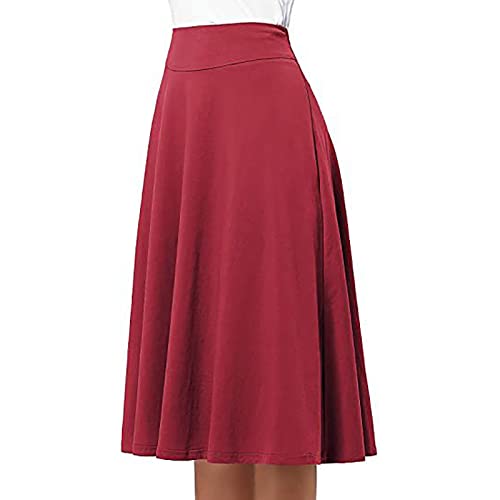 Simple Comfy Basic Solid Color Stretch A Line Flared Knee Length Skirt Long Skirt (Red, Xxl) #TOP1