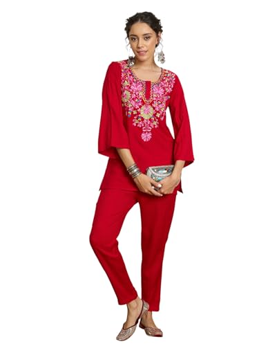 Image of Women Woollen Embroidered Round Neck Short Kurta With Pencil Pants
