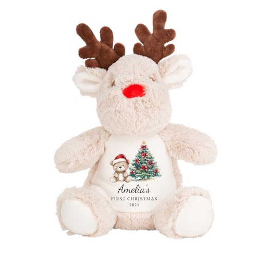 Chicken Craft Personalised Reindeer Soft Toy with Custom Name - Baby's 1st Keepsake Plush for Newborn Boy Girl, Xmas Present for Son, Daughter, Grandson, Granddaughter, Niece, Nephew (Red Teddy)