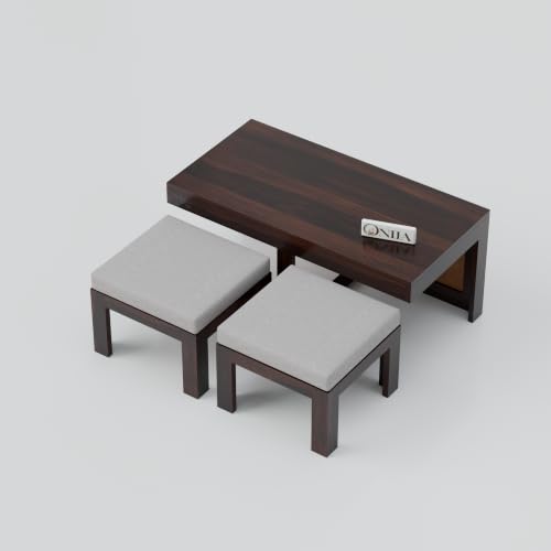 Image of ONIJA Solid Sheesham Wood Center Coffee Table with 2 Stools for Living Room Outdoor | Rosewood Centre Teapoy Tea Table with Stool for Home Office (Walnut Finish)
