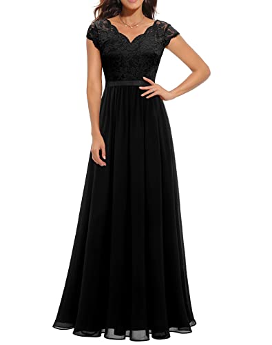 Daisyaner Women's Formal Floral Lace Maxi Dress Evening Party Elegant Short Sleeve V-Neck Dresses For Wedding Guest Black Xl #TOP7