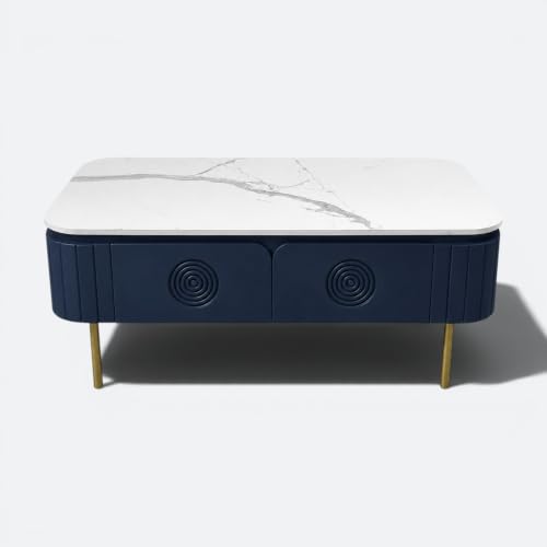 Image of Solid Wood Mandala Center Table with Sintered Stone Top for Living Room |Premium Acrylic Midnight Blue Finish | 115 cm (W) x 60 cm (D) x 45 cm (H)
