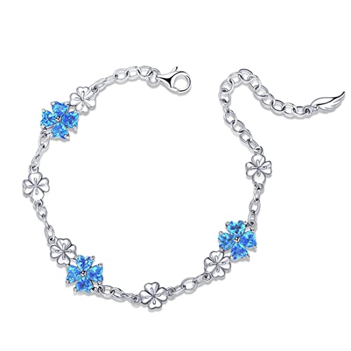 Image of JIANGXIN Lucky Four leaf clover 925 Sterling Silver Birthstone Chain Link Bracelet for Women Gemstone Jewelry Shamrock Birthday Gift 16+4cm