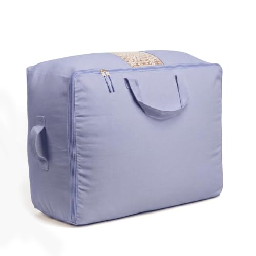 Soft Canvas Storage Bags with Zipper. Thick Breathable, 1pc King/Queen Comforter Organizer. Four Carrying Handles and Window. Large 25x19x9in Bag for Sheets Blankets Bedding Pillows, Clothes (Purple)