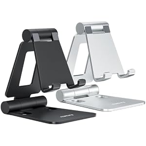 Nulaxy 2 Pack Fully Aluminum Dual Folding Cell Phone Stand, Adjustable Foldable Desktop Phone Holder for Desk Compatible with iPhone 17 16 15 14 13 12 11 Pro Max Xs Xr X 8, All Phones, Black & Silver