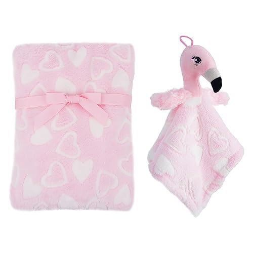 Image of June Garden Cozy Dream Fleece Baby Security Blanket and Plush Blanket Gift Set - Infants Nursery Swaddling Bed Blankets - 15 inch x 15 inch Lovey and 30 inch x 38 inch Blanket - Stuffed Flamingo Animal Plush - Pink