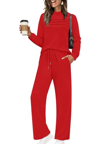 Image of WIHOLL Two Piece Sets for Women Spring Travel Vacation Outfits 2026 Long Sleeve Lounge Sets Side Slit Wide Leg Pants S-3XL