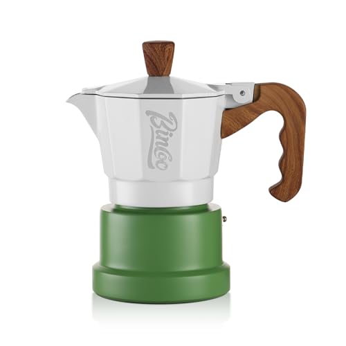 Image of Bincoo Espresso Maker Stovetop,Camping Moka Pot 2 Cup /120ML,Stove Top Espresso Italian Coffee Maker,Easy to Use (White-green)