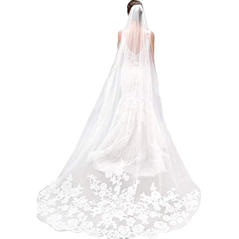 MisShow Ivory Lace Edge Cathedral Length Wedding Bridal Veil with Comb Cover