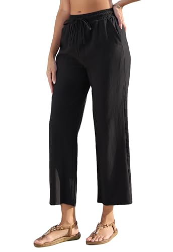 Fourindo Sommerhose Damen Leicht Leinenhose Damen Weites Bein Sommer Hosen Hohe Taille Stoffhose mit Taschen Bequeme Cau...