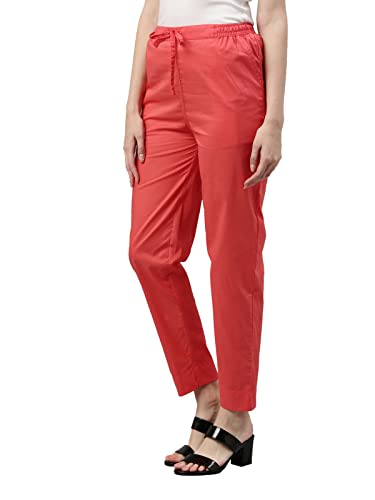 Image of GO COLORS Women Solid Medium Coral Mid Rise Cotton Pants - L