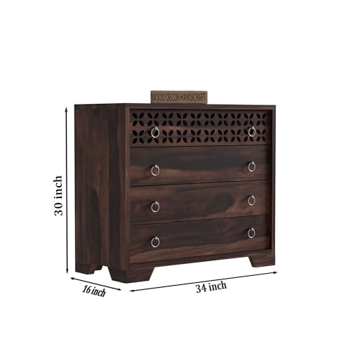 Image of Handcrafted Sheesham Wood Dressers Chests of 4 Drawers | Kitchen Crockery Cabinet Unit | Sideboard Storage Cabinets | Bedroom Furniture | Wooden Chests of Drawers (Walnut Finish)