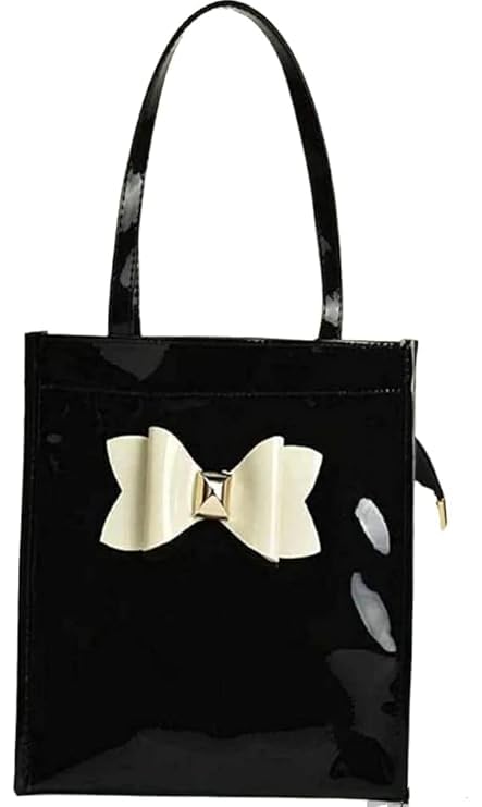 Image of Black Patent Tote Bag with Bow Detail, Glossy Finish