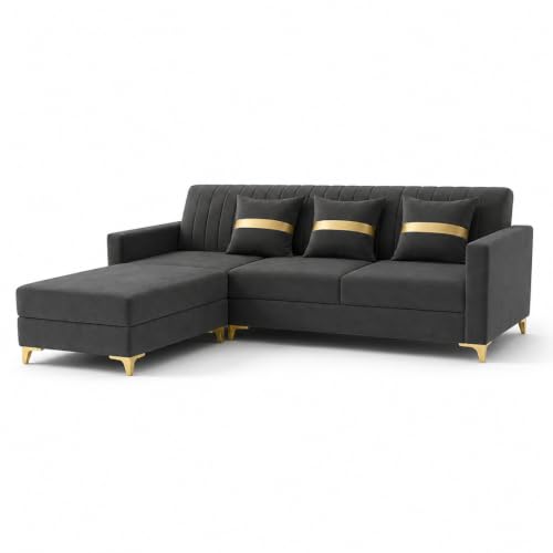 Image of CASASTYLE Signature Groovy 4-Seater L-Shape Sofa Set with Movable Ottoman | Flexible LHS /RHS Layout | Smooth Boston Fabric & Plush Cushions | 40D Foam + Zigzag Spring | 3-Yr Warranty (Dark Grey)