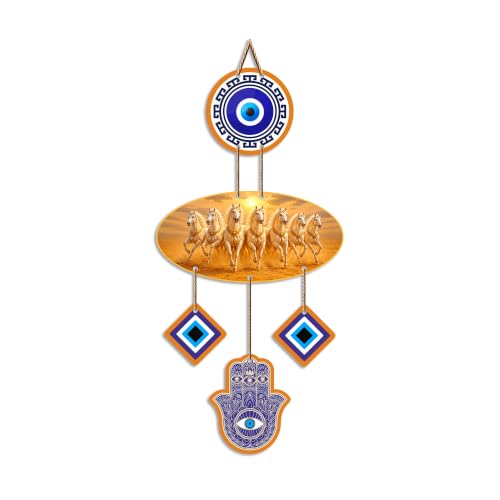 Image of Artvibes Seven Running Horses Evil Eye Wall Hanging for Home Entrance Door Decor | Vastu Feng Shui Lucky Horses Wall Art with Nazar Battu Protection for Wealth Success Prosperity (WH 85131N)