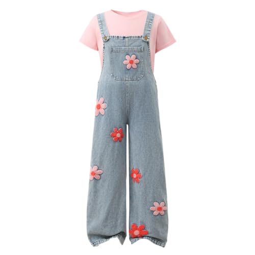 OLMRJKD Toddler Girl Summer Clothes Short Sleeve Denim Overall Jumpsuit with Top Girls 2Pcs Spring Outfits Set(7-8T)
