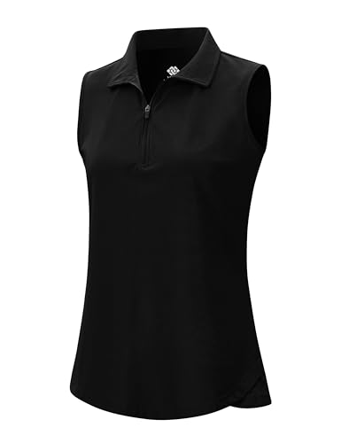 AjezMax Damen Poloshirt Ärmelloses Golf Tennis Polohemd Atmungsaktiv Fitness Sport Poloshirt mit Reißverschluss Schwarz M