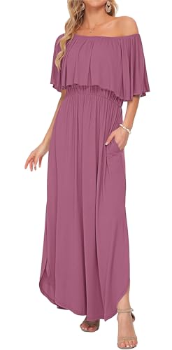 Image of AUSELILY Womens Off Shoulder Ruffle Split Summer Maxi Dresses with Pockets | Off-shoulder Ruffle dress with empire waist & side split for summer beach and casual parties